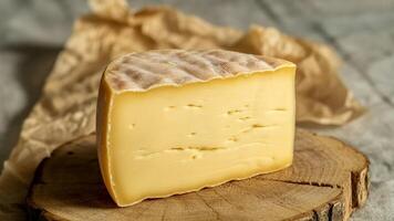 A piece of cheese with a textured rind sitting on a wooden slice with paper in the background photo