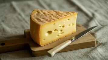 A wedge of cheese with holes on a wooden board next to a knife on a textured surface close up view photo