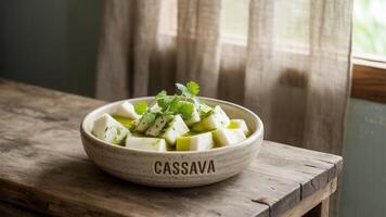 A bowl of cassava cubes with cilantro garnish on a wooden table near a window and light curtains photo
