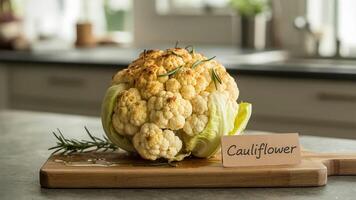 A whole roasted cauliflower on a wooden board with rosemary and a cauliflower name tag in kitchen photo