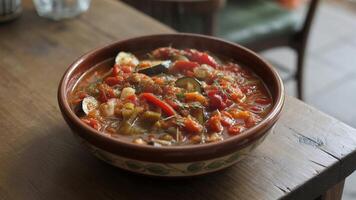 Close up of a bowl of ratatouille on a wooden table with a blurred background and natural lighting photo
