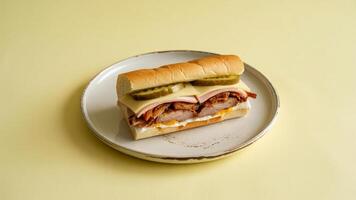 A cuban sandwich on a white plate with a yellow background in a well lit studio setting photo