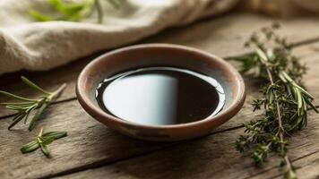Small bowl of balsamic vinegar with rosemary and thyme sprigs on a rustic wooden surface close up photo