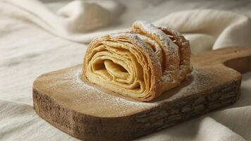 A rolled pastry with powdered sugar on a wooden board with a white cloth background in soft lighting photo