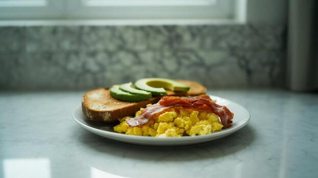 A plate of scrambled eggs with bacon and toast with avocado slices on a marble countertop near a window photo