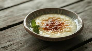 Close up of rice pudding with jam and mint garnish served in a bowl on a wooden surface table top photo