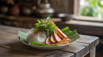 Close up of a plate with rice noodles pork basil and peanuts on a wooden table in a restaurant photo