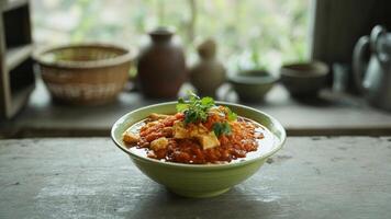 A bowl of tofu and vegetable stew sits on a weathered table with various pots in the background photo
