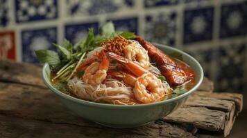 A bowl of shrimp and noodle soup with greens and meat on a wooden surface with a patterned background photo