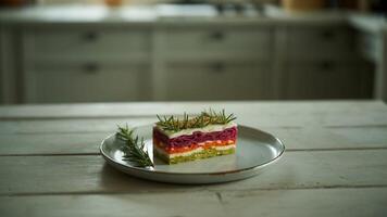 A layered vegetable dish with rosemary on a plate sitting on a white wooden table in a kitchen setting photo