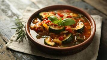 Close up of a bowl of ratatouille with zucchini basil and rosemary on a rustic wooden table top photo