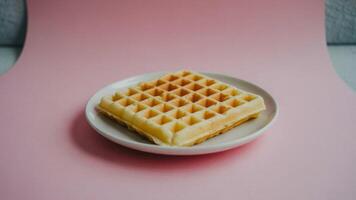 A single waffle on a white plate against a pink background in a studio setting for breakfast food photo