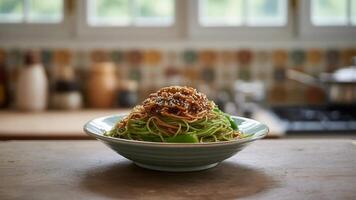 A plate of green noodles with a brown sauce and sesame seeds on a wooden table in a kitchen setting photo