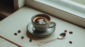 A cup of coffee with beans and a spoon on a white surface near a window with natural light shining in photo
