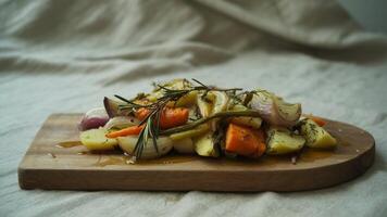 Close up of roasted vegetables with herbs on a wooden board against a fabric background in soft lighting photo