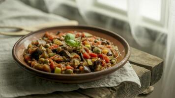 A close up shot of a bowl of ratatouille with basil garnish on a wooden surface near a window light photo