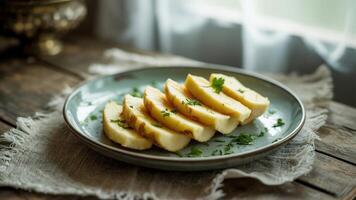 Sliced cassava root with parsley on a plate sitting on a wooden table near a window with natural light photo