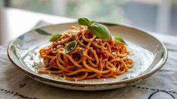 A plate of spaghetti with tomato sauce and basil leaves on a decorative plate on a patterned cloth photo