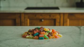 A pile of assorted gummy candies on a white marble countertop in a kitchen setting background view photo