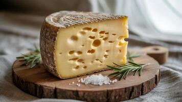 A piece of cheese with holes on a wooden board with rosemary and salt on a grey textured background photo