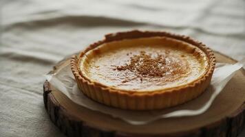Close up of a custard tart with sprinkled topping on a wooden board with a linen background photo