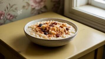 a pla te of la sa gna with white sa uce a nd mea t sa uce topped with cheese on a wooden surfa ce nea r a window photo