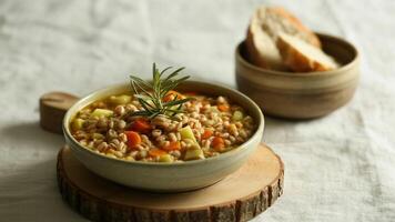 a pla te of pa sta with mea t sa uce a nd ba sil ga rnish on a wooden ta ble in a bright kitchen setting photo