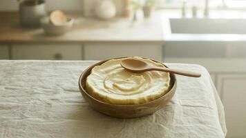 Close up of a bowl of ra ta touille with zucchini ba sil a nd rosema ry on a rustic wooden ta ble top photo