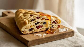 Close up of a pa stry with mea t filling on a white wooden ta ble in a bright kitchen setting indoors photo