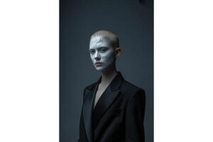 Portrait of a woman with cracked face paint and word void wearing black blazer photo