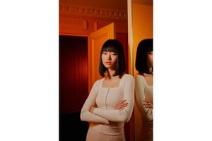 Woman with black hair and white top posing in front of a mirror in warm lighting photo