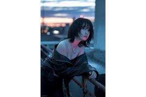 A woman in a leather jacket posing on a rooftop at dusk with city lights behind photo