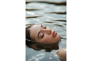 Close up of a woman with eyes closed floating in water with a serene expression photo