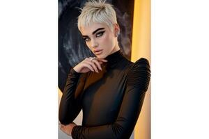 Portrait of woman with short blonde hair in black turtleneck with hand on face photo