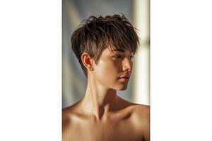 Portrait of a young person with short brown hair and bare shoulders in sunlight photo