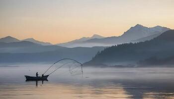 Fisherman casting net in tranquil misty lake at dawn with mountains photo