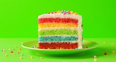 A piece of rainbow cake on a plate with sprinkles photo
