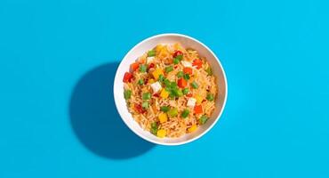 A bowl of noodles with vegetables on a blue background photo