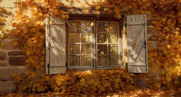 An old window with leaves on the ground photo