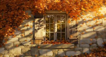 An autumn window with leaves on the wall photo