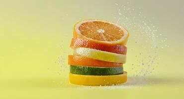 Sliced citrus fruit on yellow background photo