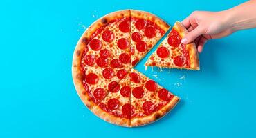 A hand taking a slice of pizza off a blue background photo