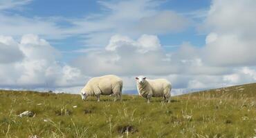 Two sheep grazing in a field with a blue sky photo