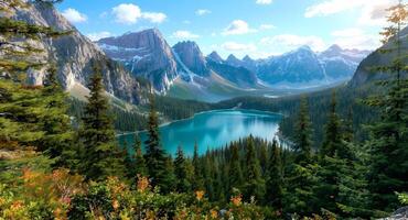 A beautiful lake surrounded by mountains and trees photo
