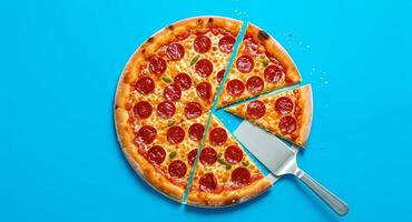 Pepperoni Pizza Being Sliced with Server on Blue Background photo