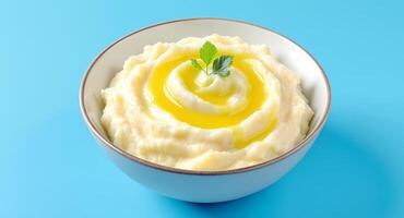 Mashed Potatoes in Bowl with Yellow Sauce and Parsley photo