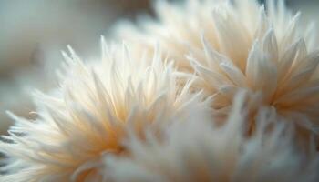 Close up of a fluffy white flower with soft petals in gentle light photo