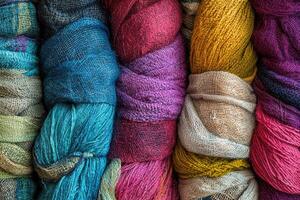 Colorful bundles of fabric are stacked closely together in rows photo