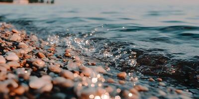 Ocean Waves Crashing on Pebbles Beach Summer Day photo