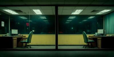 Empty Night Office Two Desks Computers Green Walls photo